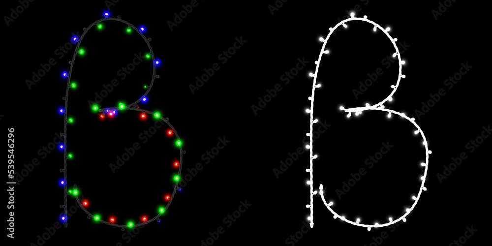 Letter B made of electric garland with colored lights on black background with clipping mask, 3d rendering