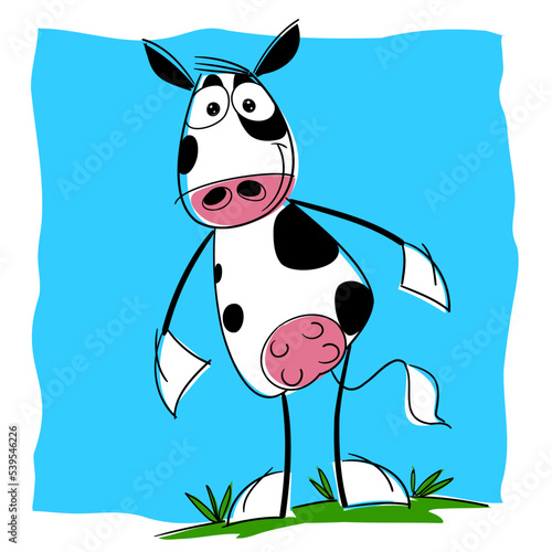  Vaca frisona en actitudes humanas, muy contenta porque está en libertad en una gran pradera.
