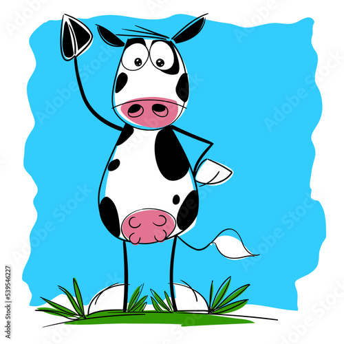  Vaca holstein o frisona en actitudes humanas, muy contenta porque está en libertad en una gran pradera.