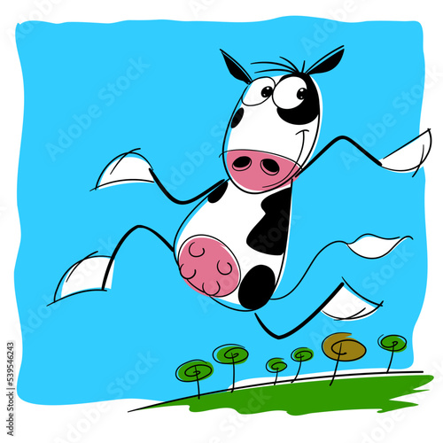  Vaca holstein o frisona en actitudes humanas, muy contenta porque está en libertad en una gran pradera.