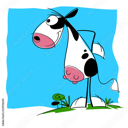  Vaca holstein o frisona en actitudes humanas, muy contenta porque está en libertad en una gran pradera.
