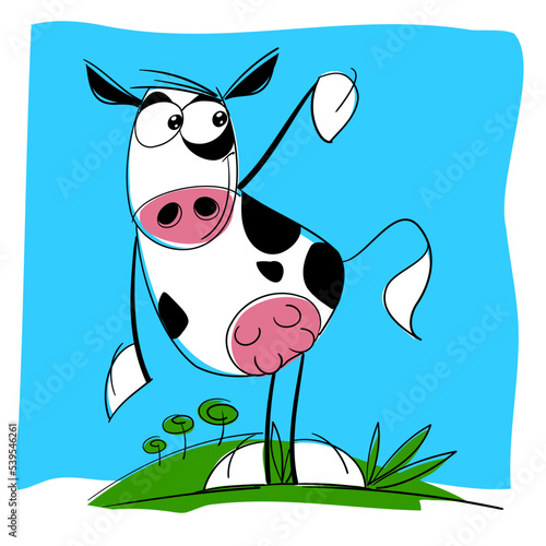  Vaca holstein o frisona en actitudes humanas, muy contenta porque está en libertad en una gran pradera.
