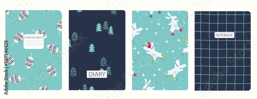 Cover page templates based on patterns with Rabbit symbol 2023, fir cones, spiral lines. Winter holidays concept. Backgrounds for notebooks, notepads, diaries. Headers isolated, replaceable