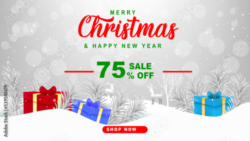 Christmas background with bokeh, gifts and snowflakes. Merry christmas and happy new year background decoration