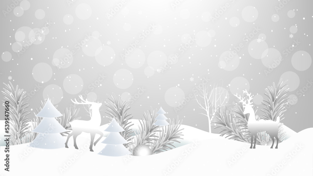 Christmas background with bokeh, reindeer and snowflakes. Merry christmas and happy new year background decoration.