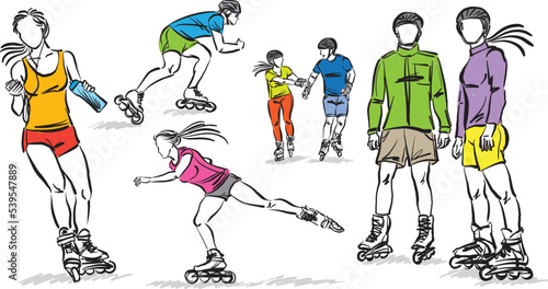 set collection 3 skate in line roller skater young sports recreation vector illustration