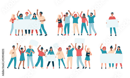 Set of groups of protesting people. Demonstrations with posters, banners. Angry men and women on picket or strike for their rights. Activists, peaceful protest, manifestation. Flat vector illustration