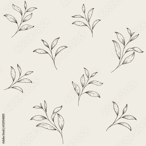 Branch of green tea. Trendy pattern with twig in boho style. Vector contour illustration.