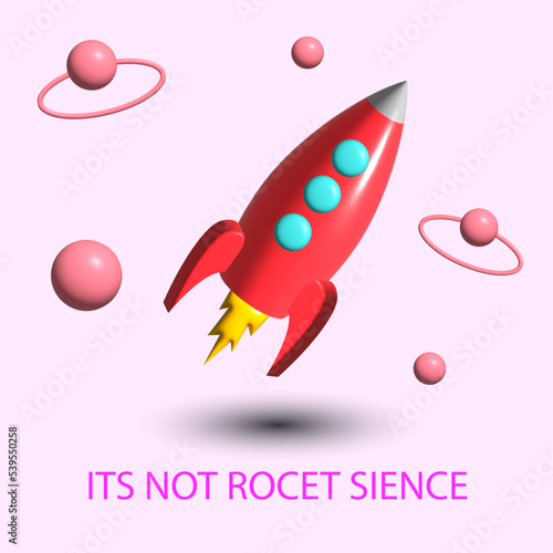 A red rocket flies past the planets, 3D image