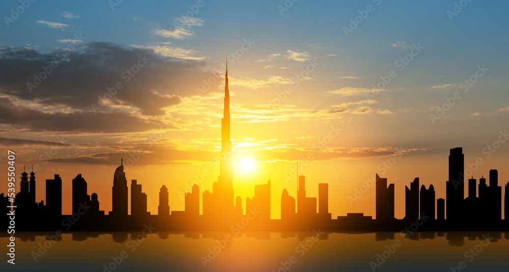 United Arab Emirates, Dubai skyline view at sunset. UAE celebration. National day, Flag day, Commemoration day, Martyrs day.