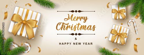 Merry christmas greeting web banner with christmas decoration fir branches. Merry Christmas and Happy New Year 2