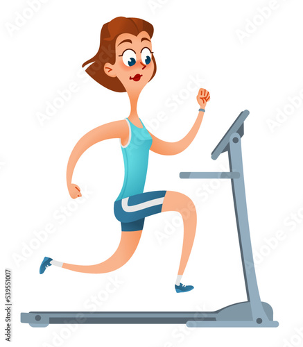 Funny cartoon woman exercising on a treadmill. Vector illustration dedicated to sports and a healthy lifestyle.   Isolated on white background.