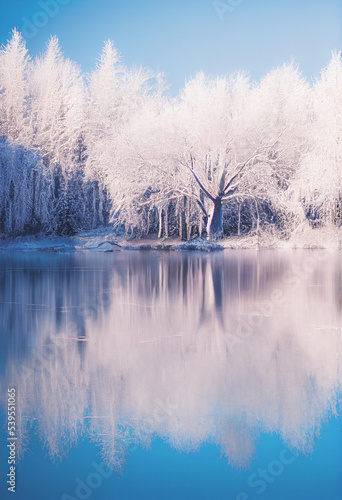 Fir trees in mountains near icy lake. Fog in the winter mountains. Natural winter landscape.