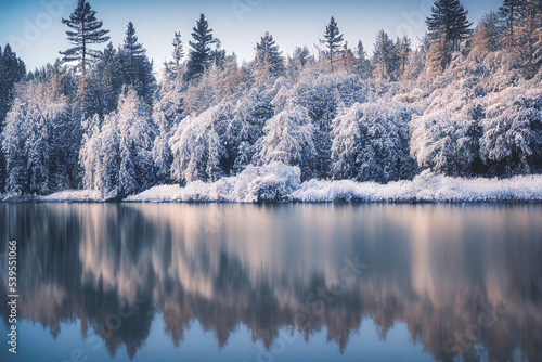 Fir trees in mountains near icy lake. Fog in the winter mountains. Natural winter landscape.