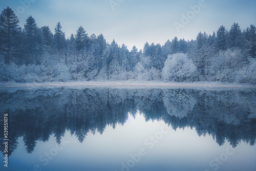 Fir trees in mountains near icy lake. Fog in the winter mountains. Natural winter landscape. © Fokasu Art