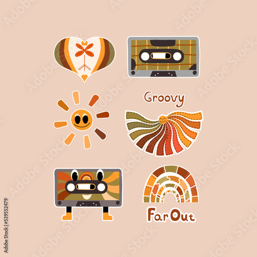 Set of groovy stickers in hippie style, 70s, 60s. Bright rainbow with the inscription Far out, audio cassette character, soontse emoticon, heart. Vector illustration