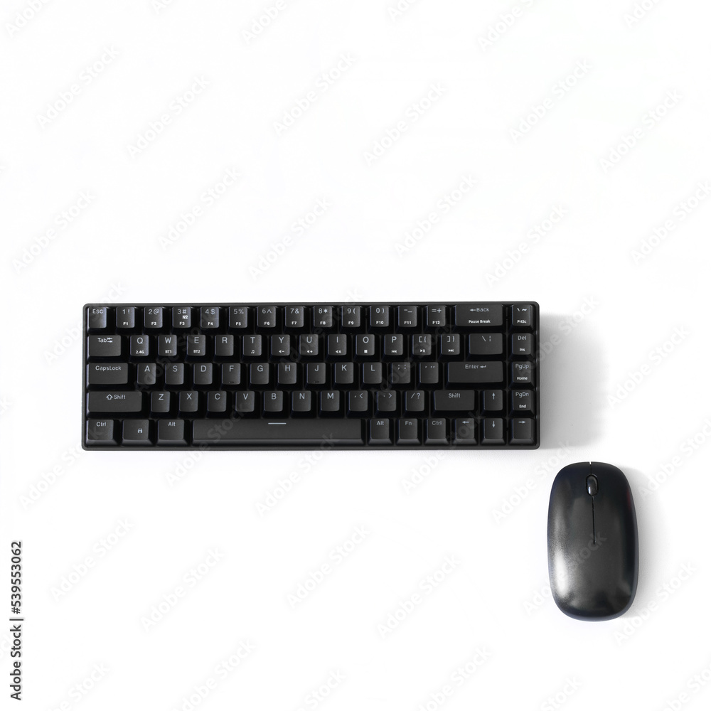Compact black gaming computer keyboard and mouse on a white background. Keyboard with mechanical switches for esports and work. Copy space Compact black gaming computer keyboard and mouse on a white background. Keyboard with mechanical switches for esports and work. Copy space