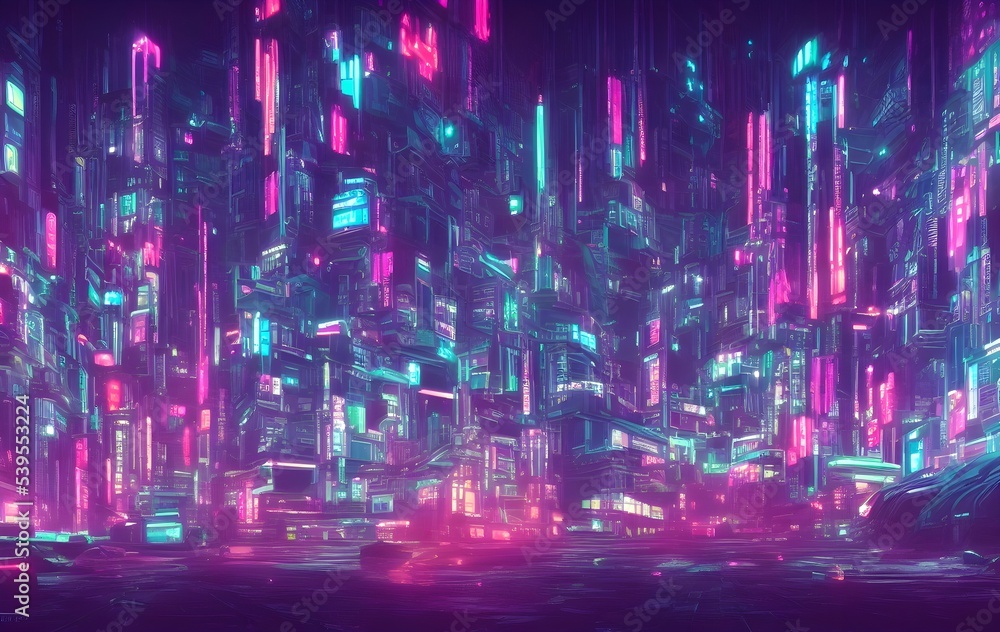 Science fiction neon city night panorama. illustration of dark futuristic sci-fi city lit with blight neon lights
