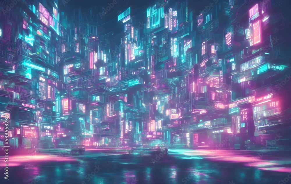 Science fiction neon city night panorama. illustration of dark futuristic sci-fi city lit with blight neon lights Science fiction neon city night panorama. illustration of dark futuristic sci-fi city lit with blight neon lights