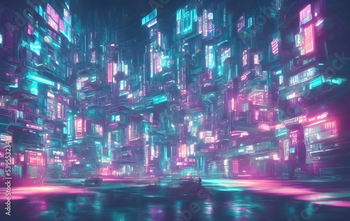 Science fiction neon city night panorama. illustration of dark futuristic sci-fi city lit with blight neon lights © Divyesh
