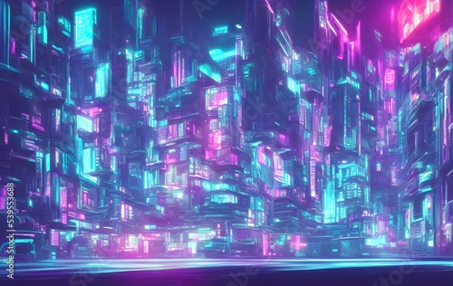 Spectacular nighttime in cyberpunk city of the futuristic fantasy world features skyscrapers  flying cars  and neon lights. Digital art 3D illustration. Acrylic painting.