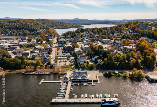 Aerial view of the city of Newport in Vermont from above the lake with autumn colors and leaves photo