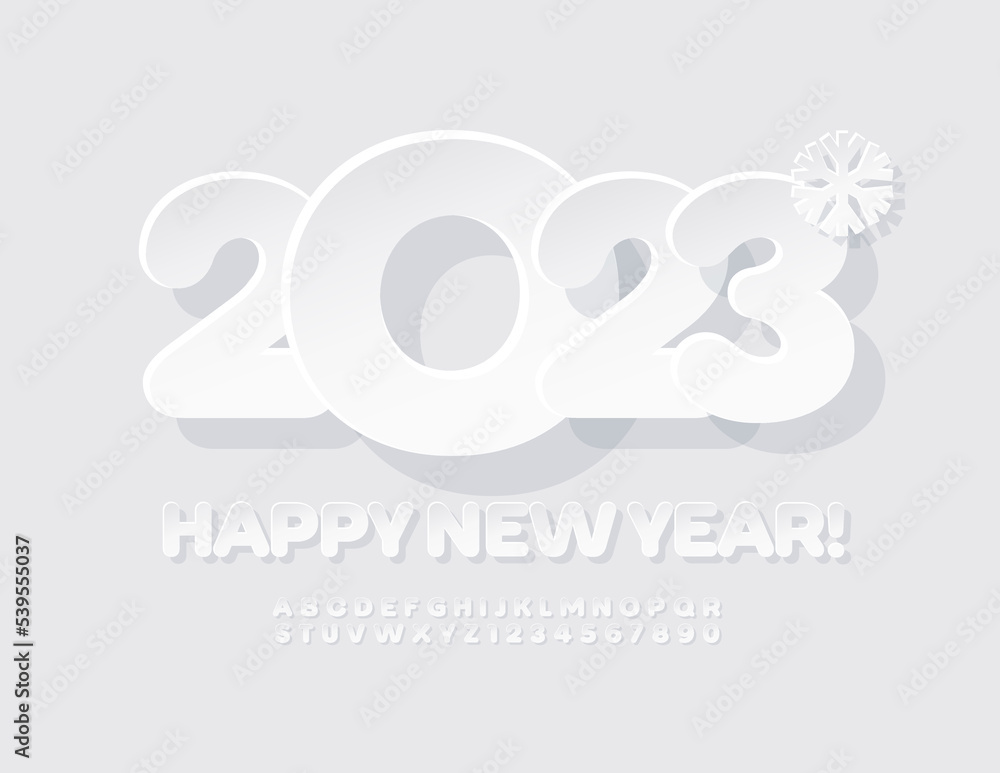 Vector creative Greeting Card Happy New Year 2023! . White sticker Font. Artistic Alphabet Letters and  Numbers