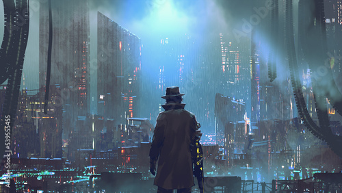 The man with the mechanical arm looking at the megacity at rainy night, digital art style, illustration painting