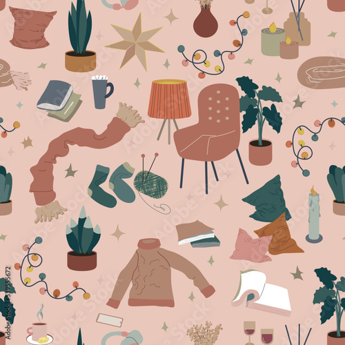 Hygge seamless pattern vector illustration. Home decor and leasure time winter print. Neutral scandinavian palette. Hand drawn flat style