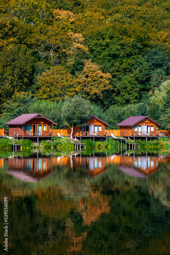 Wooden houses on the water near the forest for carp fishing. A place to relax in nature. Autumn carp fishing season.