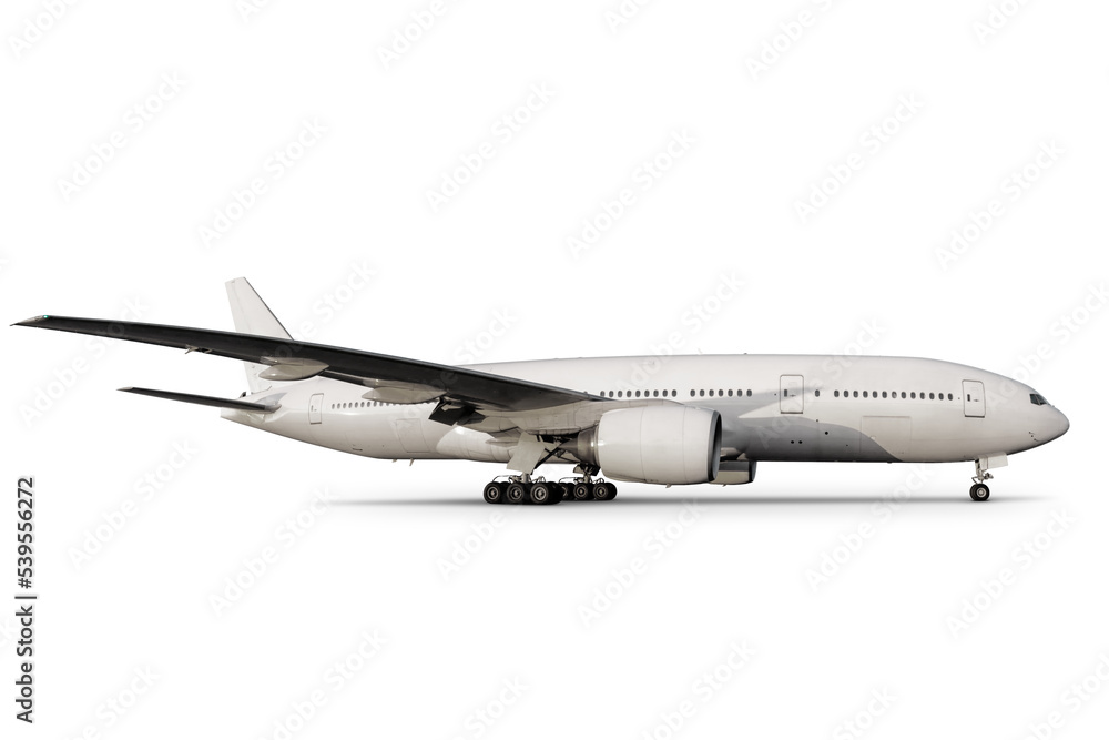 White wide body passenger airplane isolated on transparent background