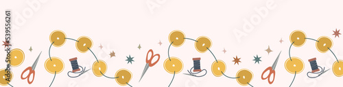 Horizontal background with garland of dried oranges and stars vector illustration isolated on ligth pink. Seasonal handmade banner Christmas decor Simple flat style 
