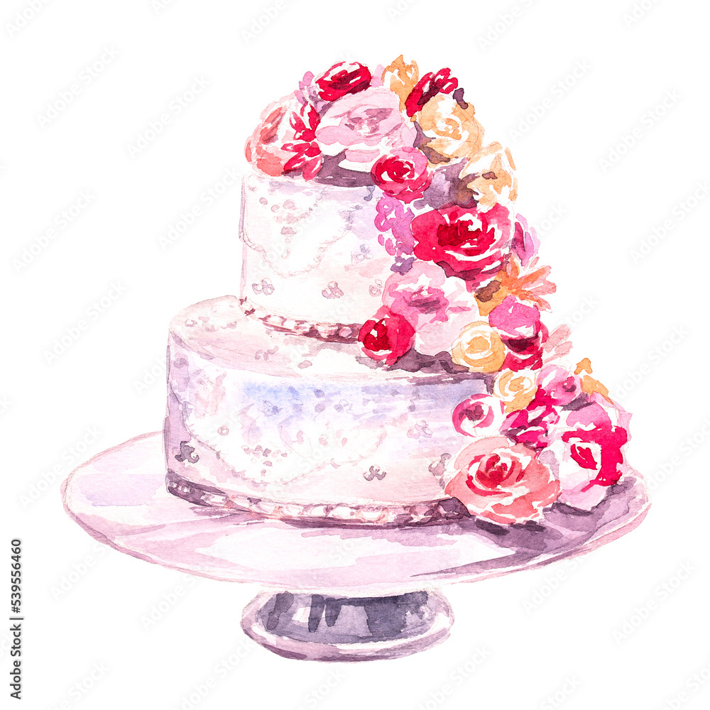Watercolor wedding cake with pink flowers illustration for invitation ...