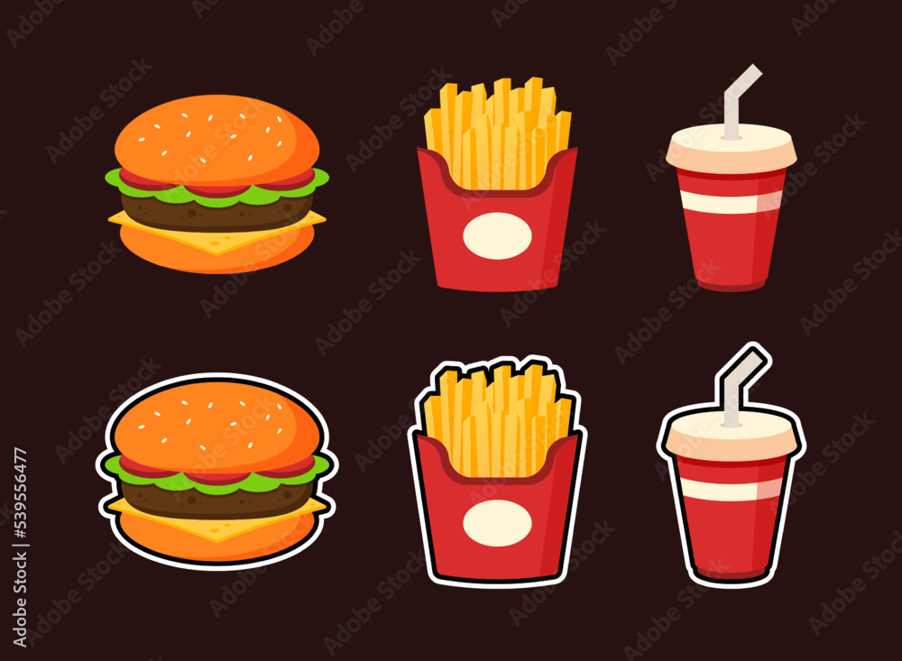 Collection of fast foods. Set of junk foods. French fries, hamburgers, and soft drinks. Set of unhealthy menus. Cute cartoon meal icon. Sticker style concept. Flat vector graphic design illustration. Collection of fast foods. Set of junk foods. French fries, hamburgers, and soft drinks. Set of unhealthy menus. Cute cartoon meal icon. Sticker style concept. Flat vector graphic design illustration.