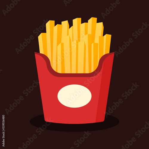 French fries in red carton. Crispy potato sticks in paper package. Fast food snack concept. Junk food or unhealthy menu. Cute cartoon meal icon. Flat vector graphic design isolated illustration. 