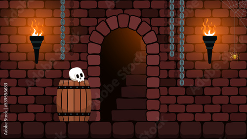 Castle dungeon with torches. The room of the old castle with an arch and stairs to the top. Vector cartoon illustration.