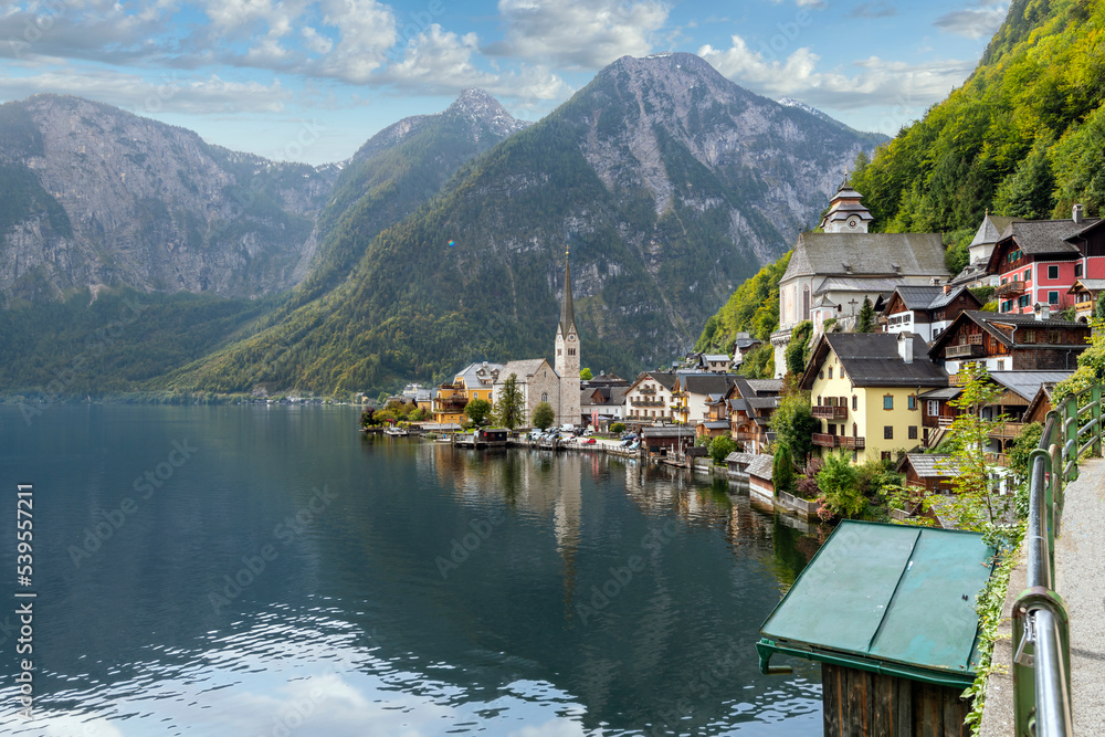Fototapeta premium The Tyrolian village of Hallstatt, Austria, a village on Lake Hallstatt's western shore in Austria's mountainous Salzkammergut region.