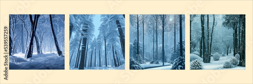Winter landscape with hills in snow, fir trees and sky. Panoramic snowy nature scene. Scenery with mountains in cold frosty weather. 