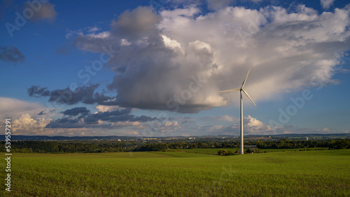 Windkrafträder auf einem Feld vor bewölktem Himmel