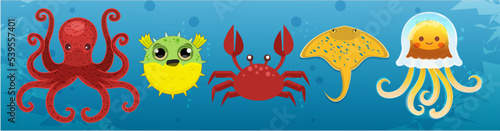 A set of simple color flat images. Sea animals in manga, anime style, big eyes. Octopus, puffer fish, jellyfish, crab, yellow sea stingray. Marine biology, a set of underwater pictures.
