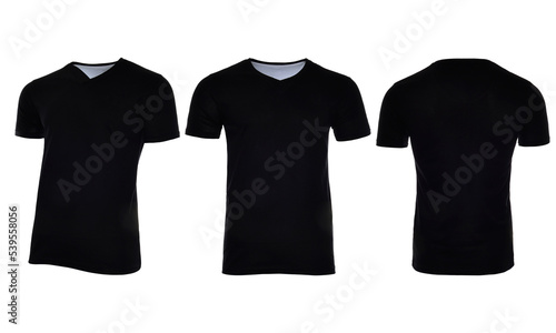 Images of man's v-neck t-shirt in three angles on a white background