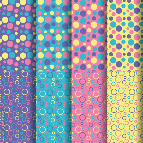 Set of abstract colorful random circles seamless patterns