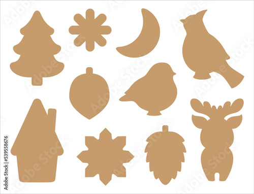 Christmas nature decal cut file pattern. Silhouette shapes of cardinal bird, bullfinch, fir cone, deer, moon. Winter holiday items isolated contours. Vector templates for cookies, paper craft, tags.