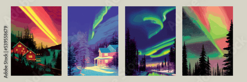 Pine forest, starry sky and Northern lights