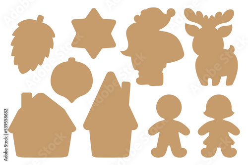 Christmas fun decal cut file pattern. Silhouette shapes of Santa Claus, deer, gingerbread man, cute houses. Winter holiday items isolated contours for window decoration, cookies, paper craft, tags.