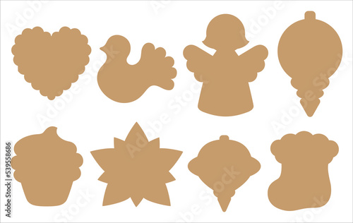 Christmas vintage decal cut file pattern. Silhouette shapes of angel, retro ornament, poinsettia, nordic bird. Winter holiday items isolated contours for window decoration, cookies, paper craft, tags.