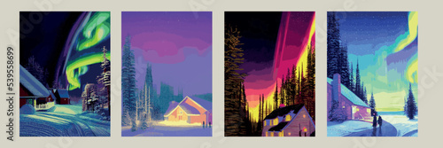 Pine forest, starry sky and Northern lights