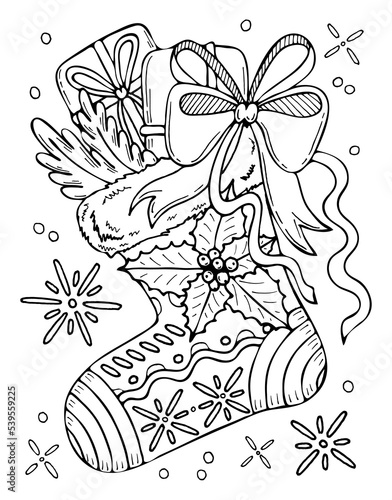 Christmas sock vector coloring page. Festive gift boxes, spruce branches with decorations. Hand drawn line art winter illustration. Happy holiday.