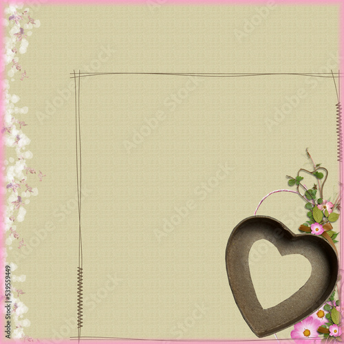 Sfondo beige con cornice foto cuore con spazio per testo e decorazione floreale , matrimonio ed altri eventi  photo