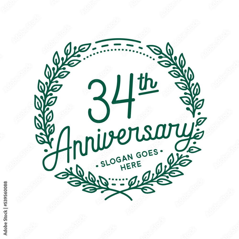 Fototapeta premium 34 years anniversary design template. 34th anniversary celebration hand drawn logotype. Vector illustration. 